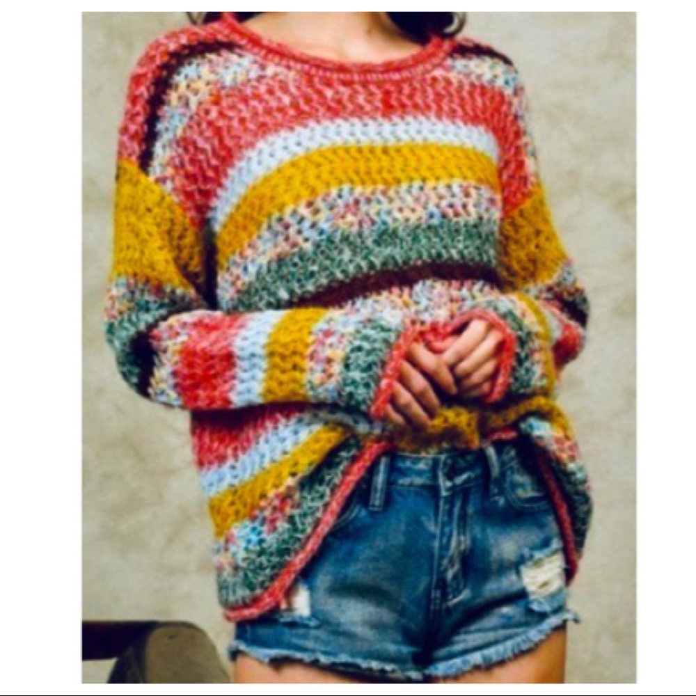 MULTI COLOR BLOCK STRIPED BOHO CHIC SWEATER - Picture 6 of 8
